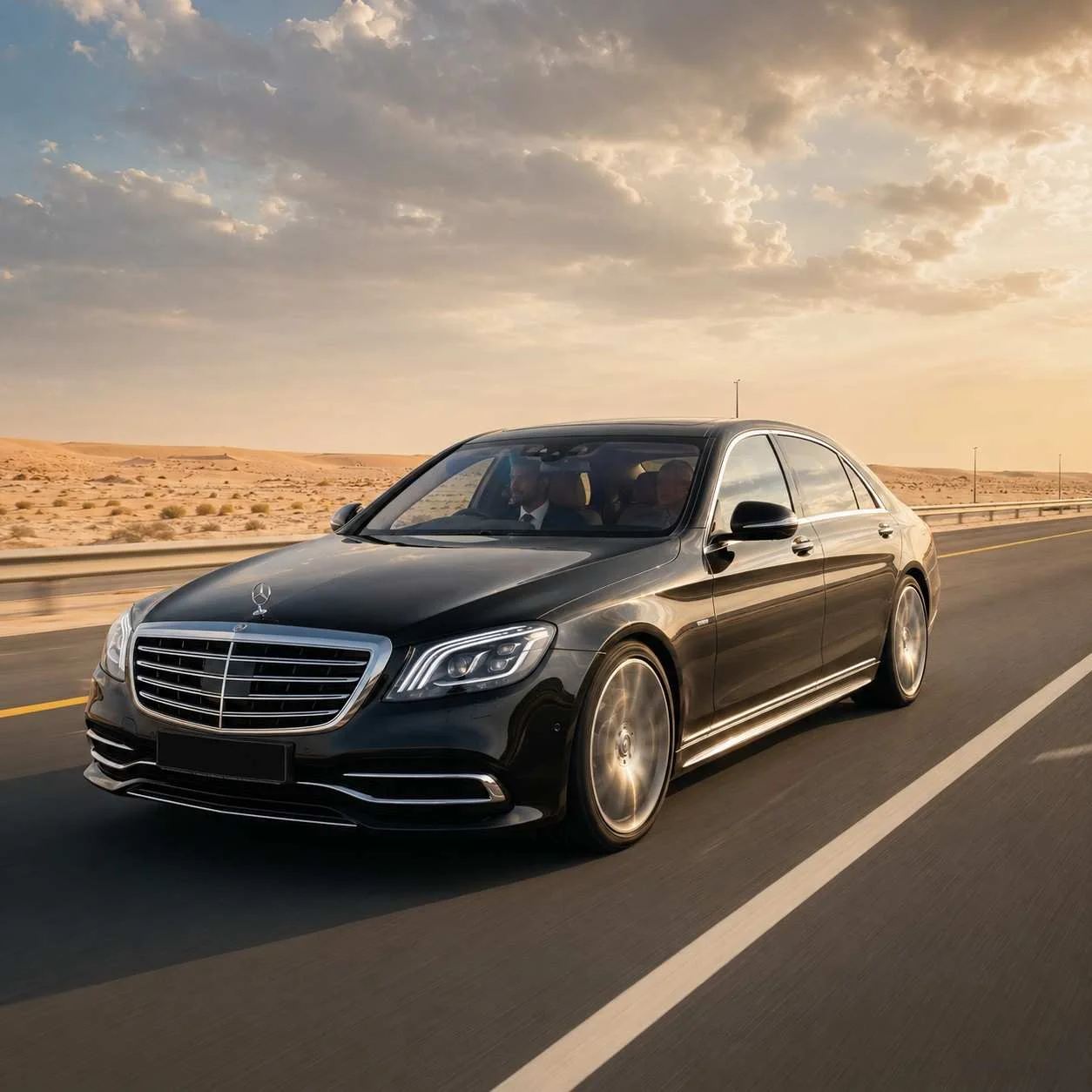 Black Mercedes-Benz S-Class executive sedan driving along the Dubai to Kuwait desert highway with a professional chauffeur and two passengers visible inside, surrounded by golden sand dunes beneath a dramatic evening sky.