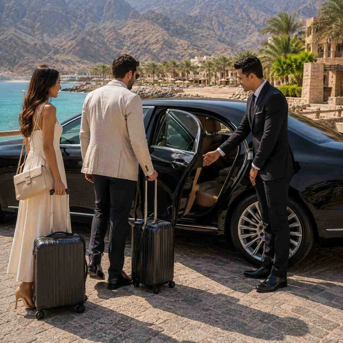 Professional chauffeur in a black suit opening the rear door of a luxury black executive sedan for an elegant couple with luggage at Zighy Bay, Oman, surrounded by mountains, turquoise sea, and a luxury beachfront resort.