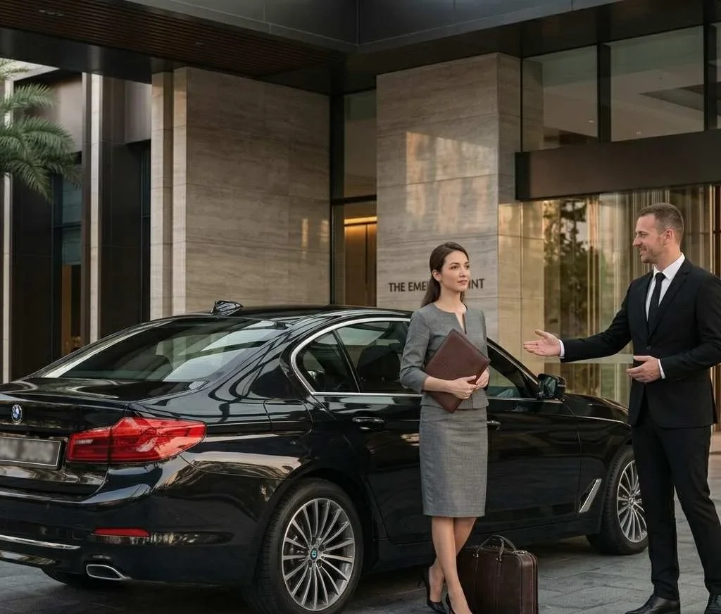 A professional woman in a grey suit holding a brown portfolio stands by a black BMW sedan, as a male chauffeur in a suit and tie welcomes her outside a luxury hotel entrance named 'THE EMERALD POINT'.