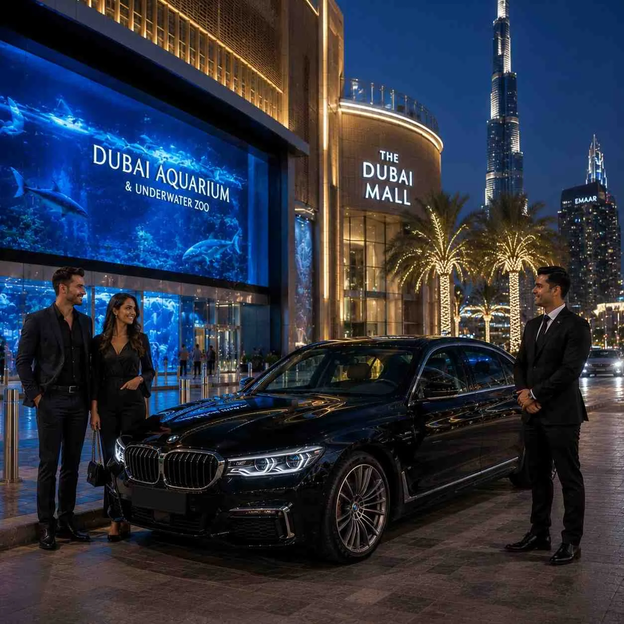 Evening BMW 5 Series chauffeur service outside Dubai Aquarium & Underwater Zoo at Dubai Mall with a professional chauffeur welcoming VIP visitors beside a luxury executive sedan.