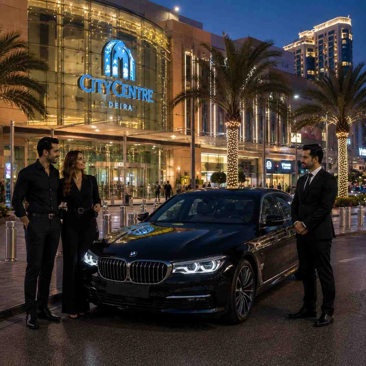 Luxury black BMW 7 Series with a professional chauffeur and stylish travelers outside the illuminated City Centre Deira mall during the evening in Dubai.