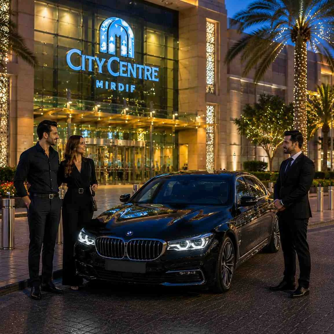 Stylish travelers standing beside a luxury black BMW 7 Series with a professional chauffeur outside the illuminated City Centre Mirdif mall during the evening in Dubai.