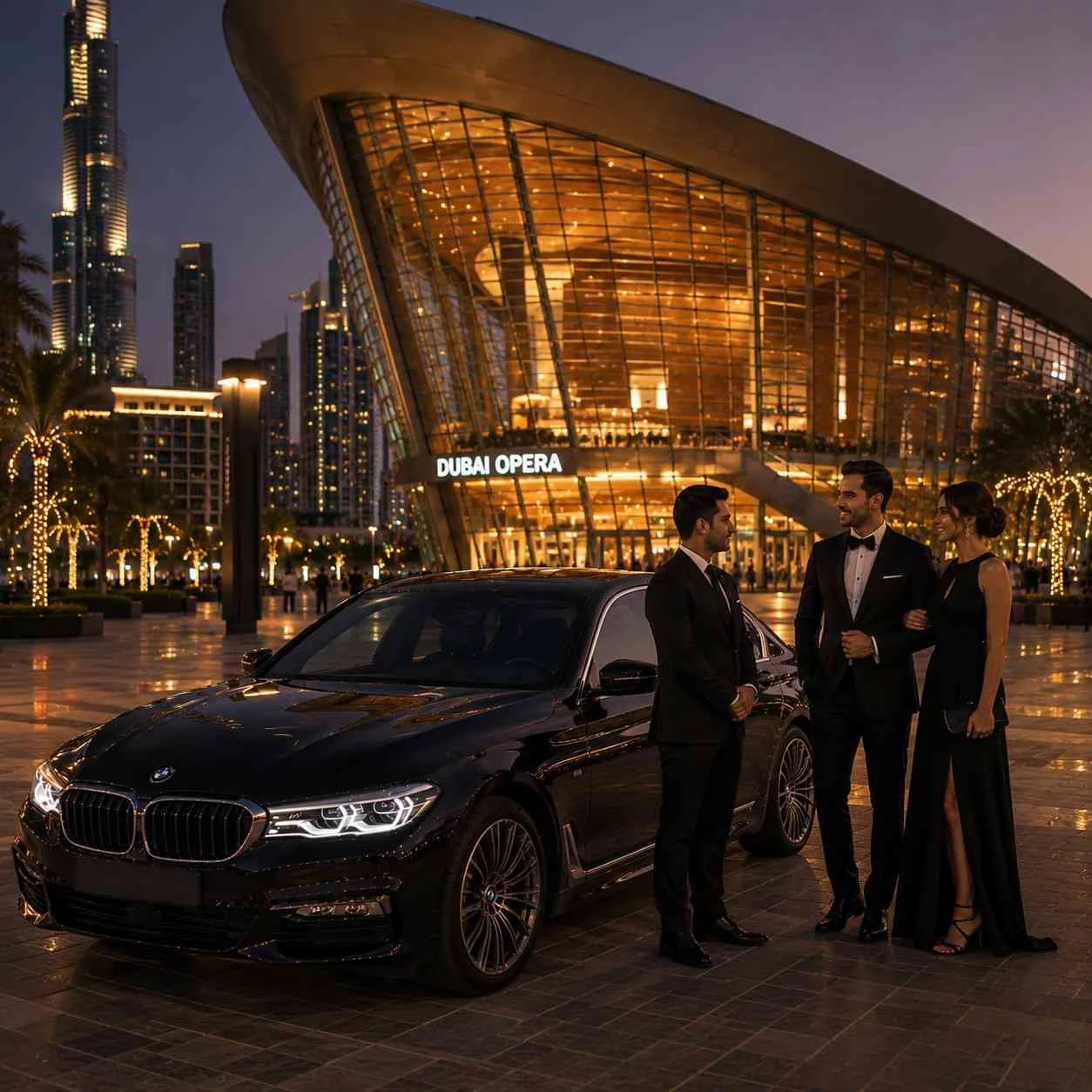VIP chauffeur service at Dubai Opera with a luxury BMW 7 Series, elegant passengers, and a professional chauffeur beside the executive sedan.