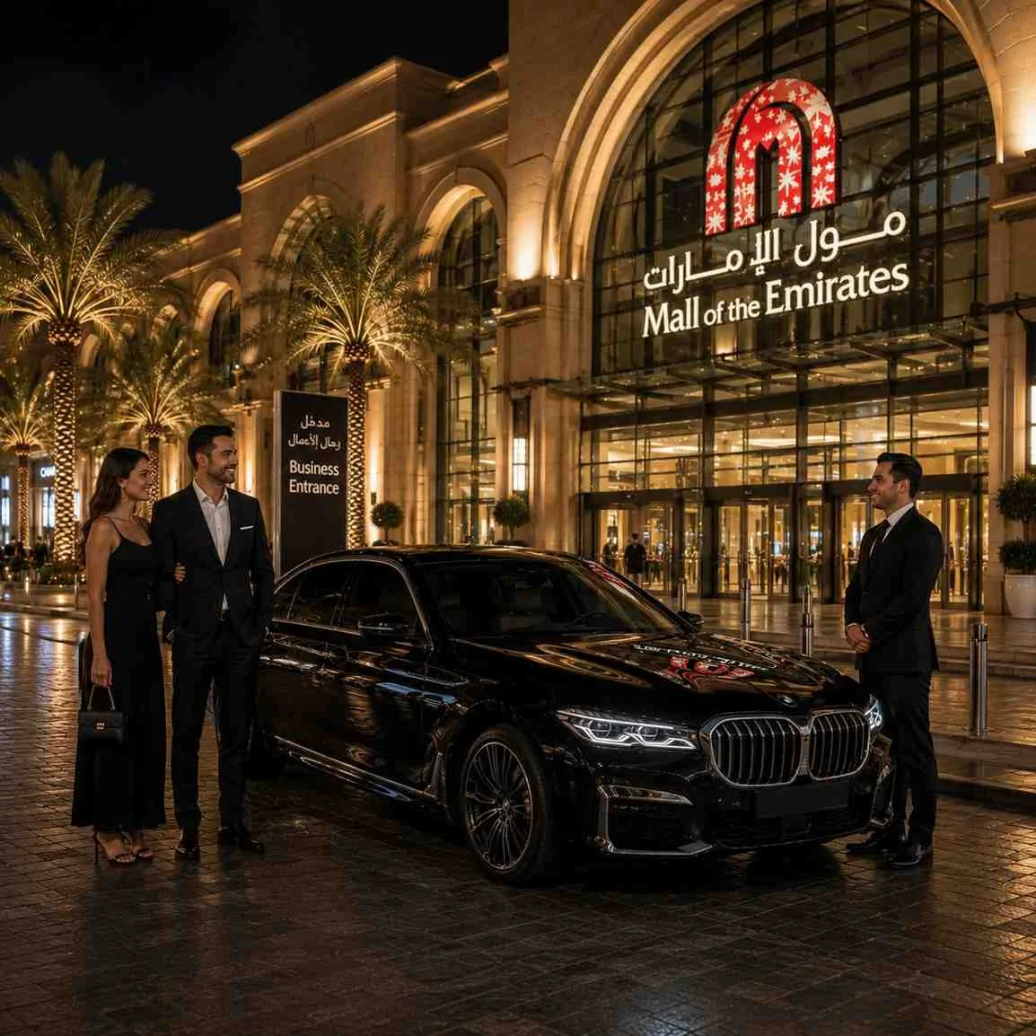Black BMW 7 Series with a professional chauffeur welcoming VIP passengers outside Mall of the Emirates Dubai at night, surrounded by illuminated luxury storefronts.