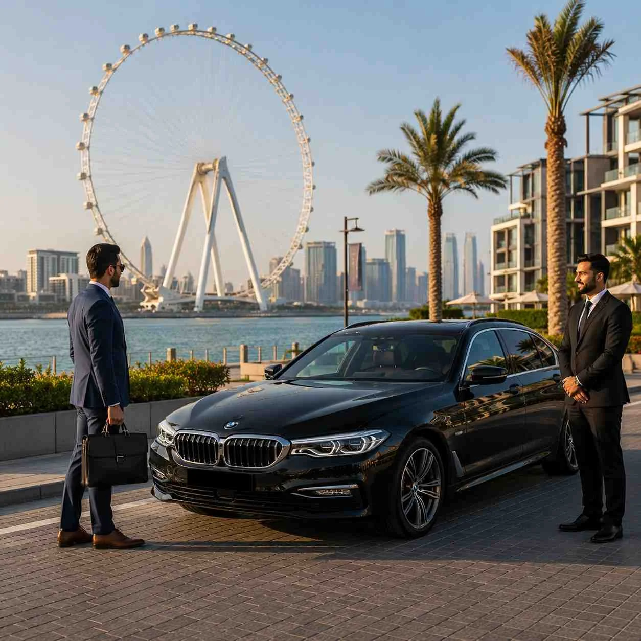 Executive Car with Driver to Ain Dubai featuring a black BMW 5 Series, a business executive with a leather briefcase, and a professional chauffeur on Bluewaters Island.