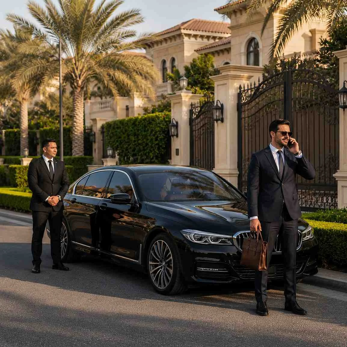 Business executive with a leather briefcase speaking on a smartphone beside a black BMW 5 Series and professional chauffeur in Arabian Ranches Dubai.