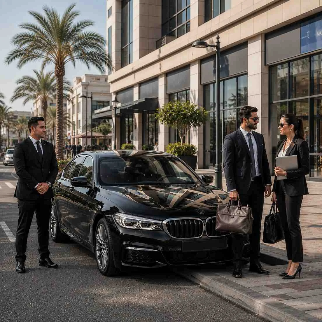 Businessman and businesswoman with leather briefcases and laptops beside a black BMW 5 Series and professional chauffeur in International City Dubai.
