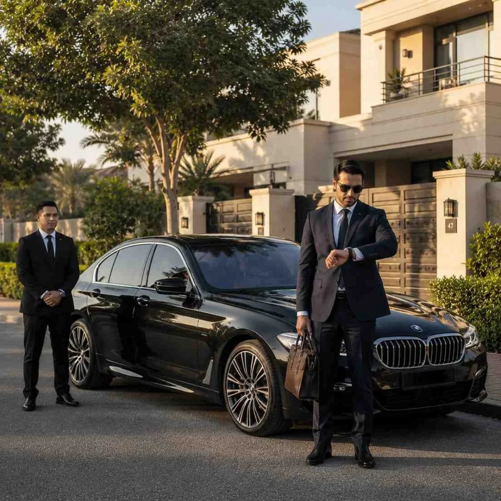 Business executive checking a smartwatch while holding a leather briefcase beside a black BMW 5 Series with a professional chauffeur in Mirdif Dubai.