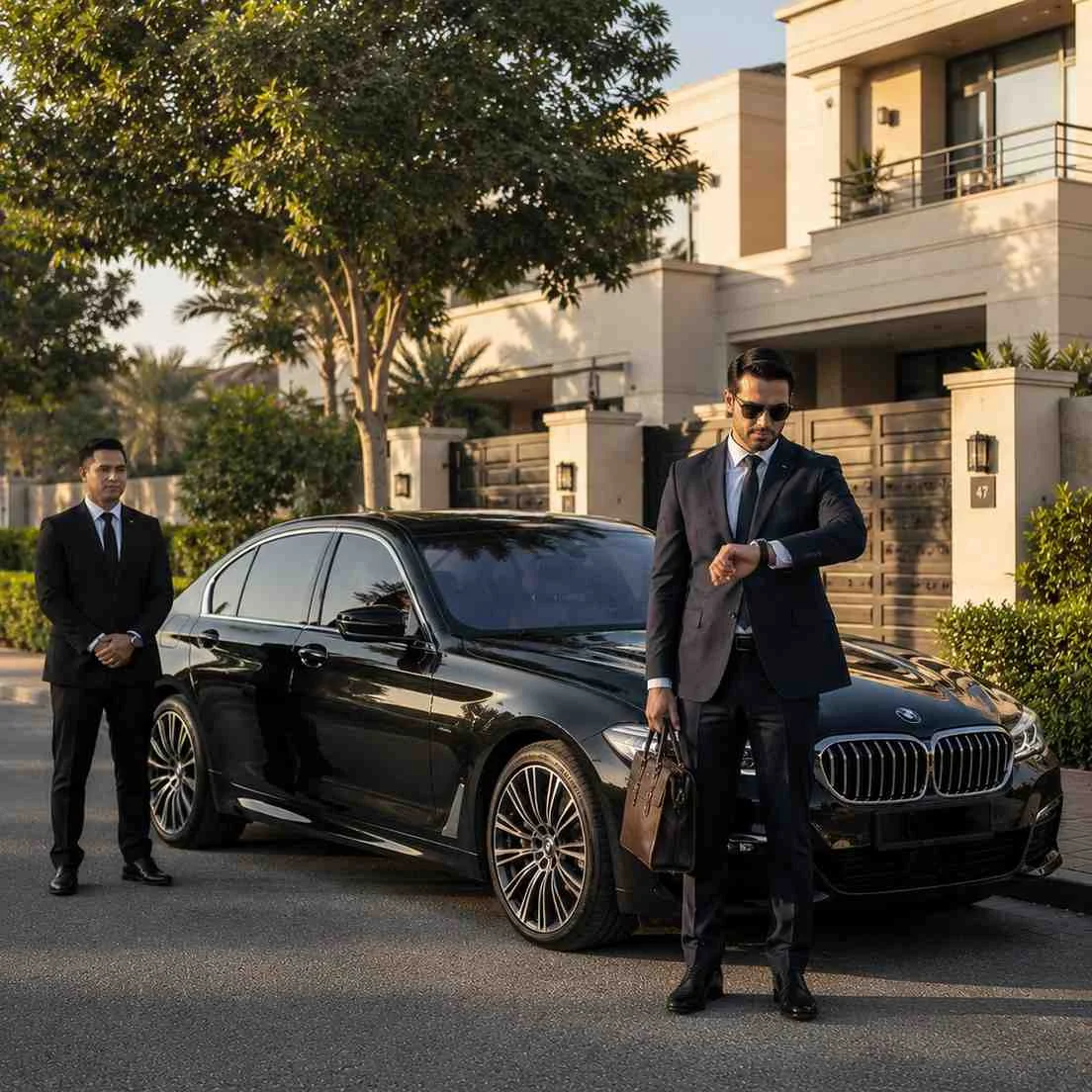Business executive checking a smartwatch while holding a leather briefcase beside a black BMW 5 Series with a professional chauffeur in Mirdif Dubai.