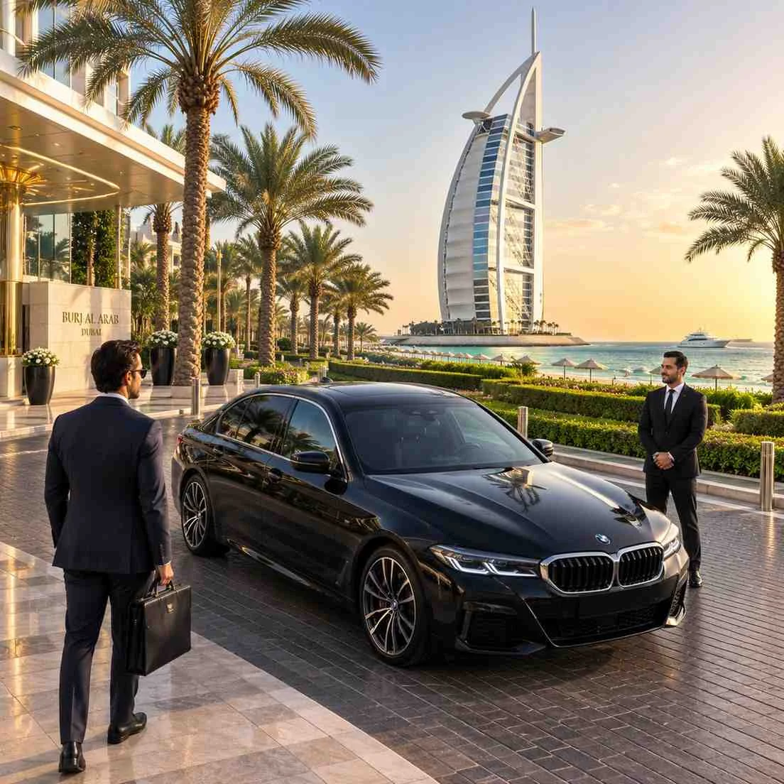 Executive chauffeur service to Burj Al Arab Dubai with a luxury black BMW 5 Series, professional chauffeur, and business executive carrying a leather briefcase overlooking the iconic beachfront hotel.