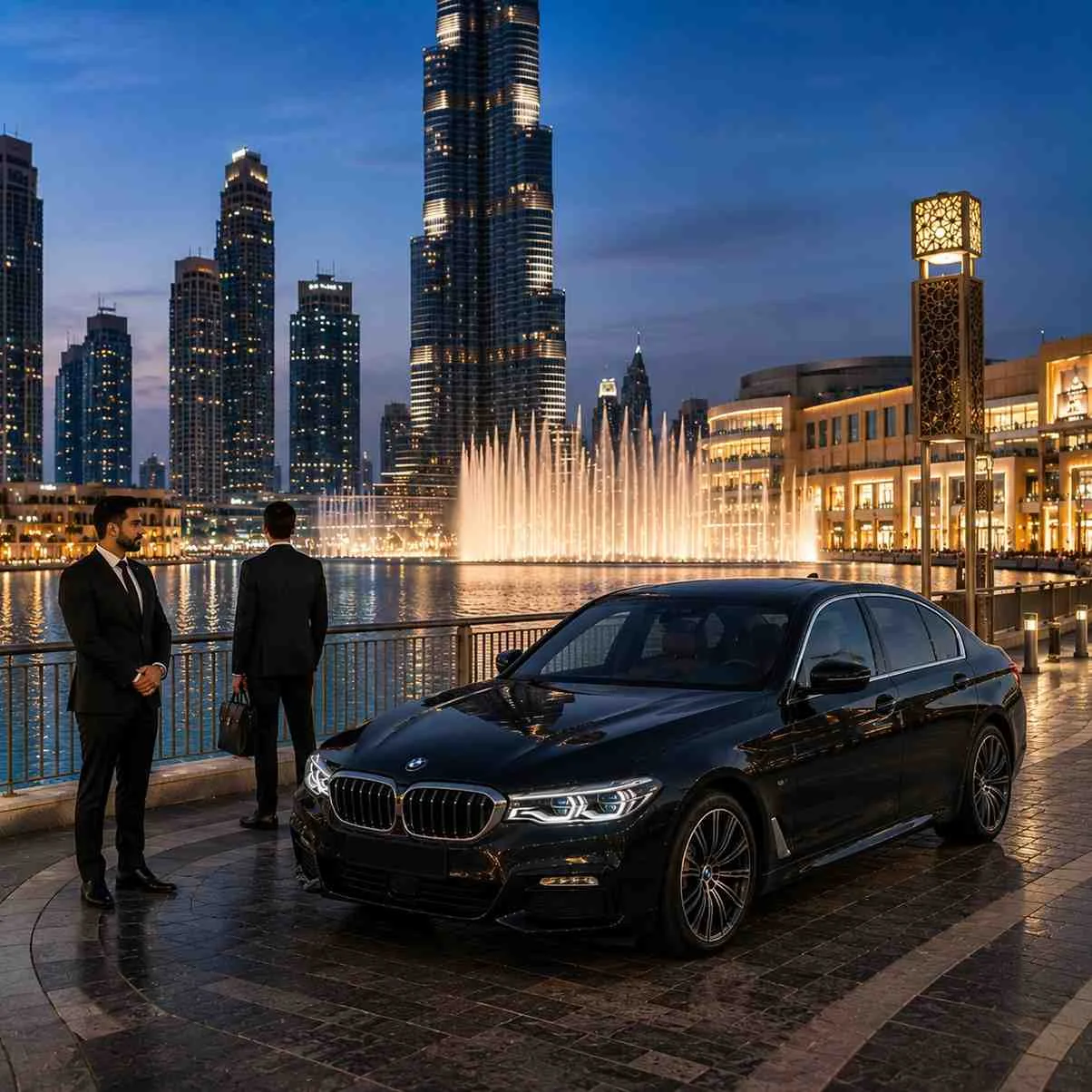 Executive chauffeur service at Dubai Fountain featuring a black BMW 5 Series, a businessman with a leather briefcase, and a professional chauffeur overlooking Burj Lake and the Burj Khalifa.