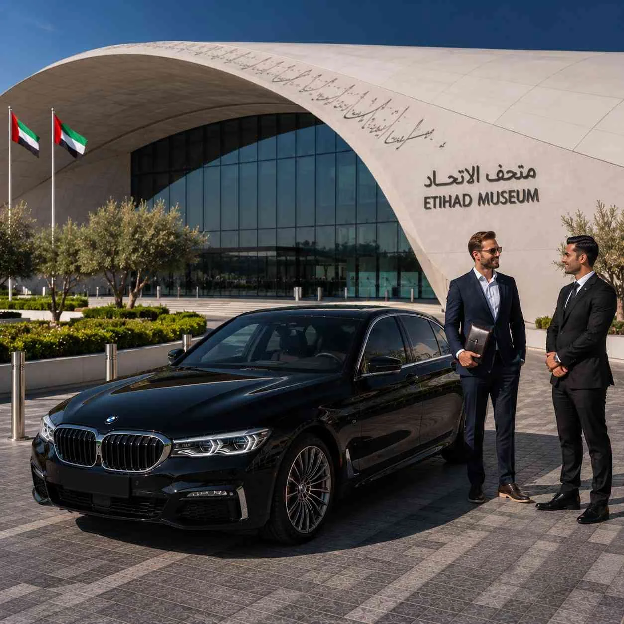 Executive BMW 5 Series chauffeur service at Etihad Museum Dubai with a professional chauffeur welcoming a business executive holding a leather portfolio beside the luxury sedan.