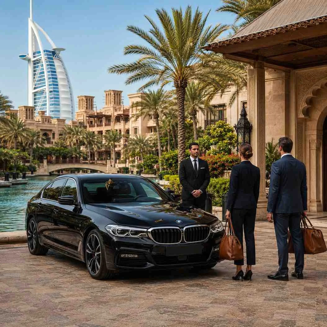 Executive chauffeur service at Madinat Jumeirah Dubai featuring a black BMW 5 Series, professional chauffeur, and business travelers with premium luggage outside the luxury resort.