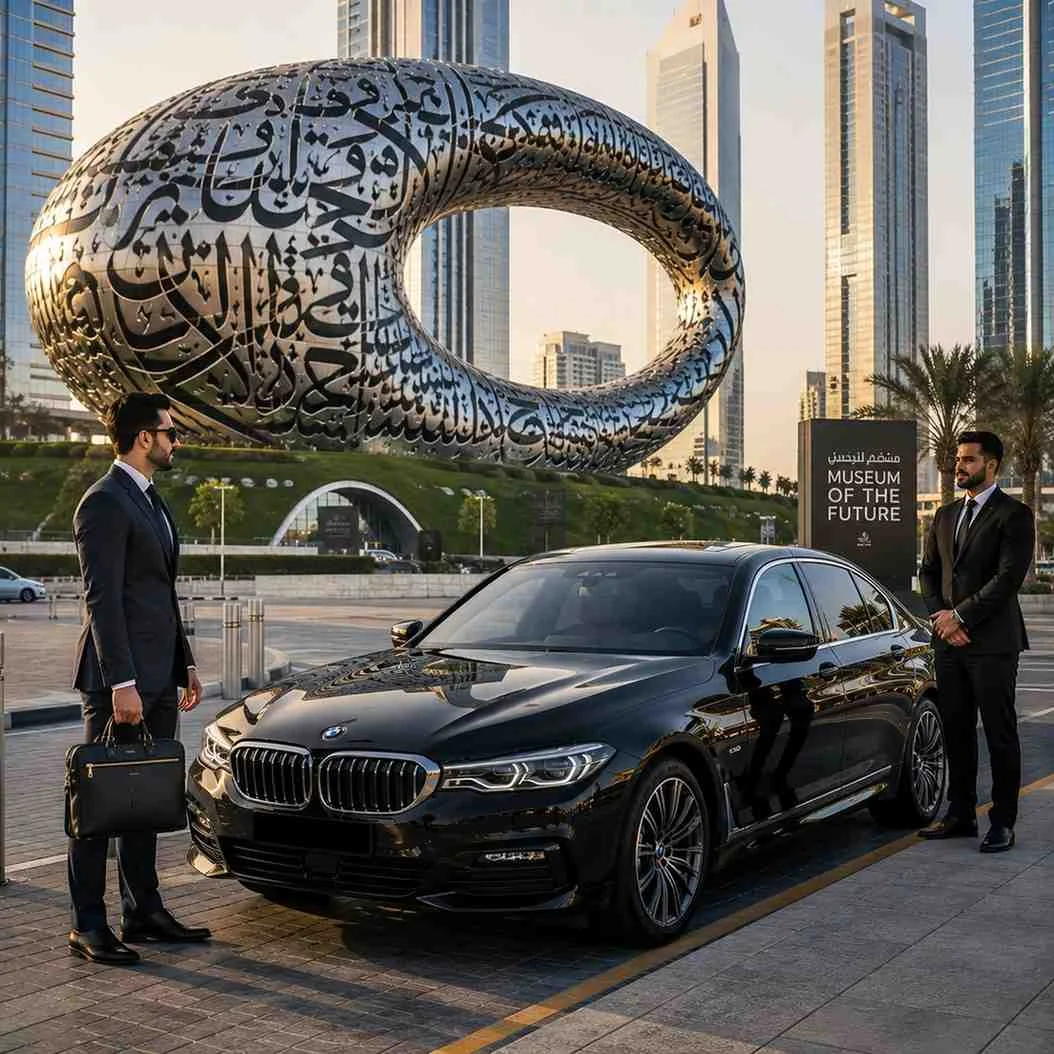 Executive chauffeur service at the Museum of the Future in Dubai with a black BMW 5 Series, a business executive holding a leather briefcase, and a professional chauffeur.