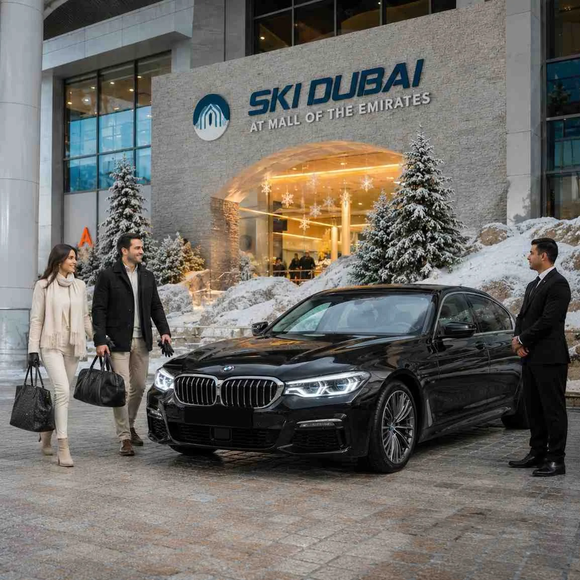 Executive BMW 5 Series chauffeur service to Ski Dubai with a professionally dressed chauffeur assisting a business executive and spouse outside the snowy Ski Dubai entrance at Mall of the Emirates.