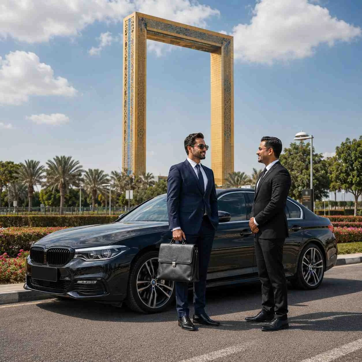Executive chauffeur service at Dubai Frame with a luxury black BMW 7 Series, professional chauffeur, and businessman holding a leather briefcase beside the sedan in Zabeel Park.
