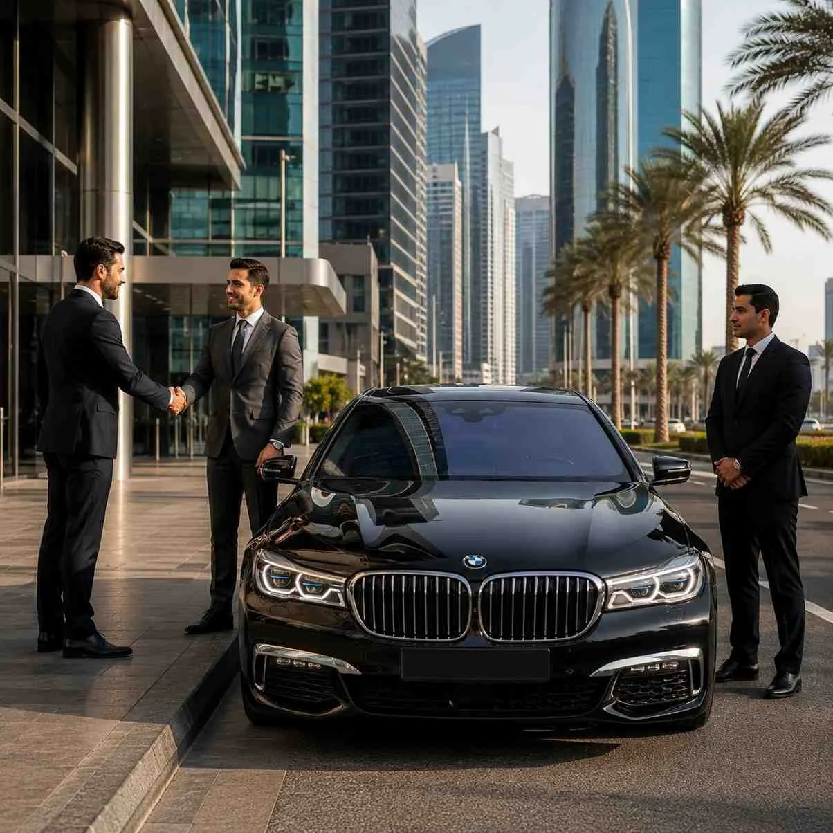Luxury black BMW 7 Series executive sedan with a professional chauffeur in Dubai's financial district, welcoming business executives for premium corporate chauffeur service.