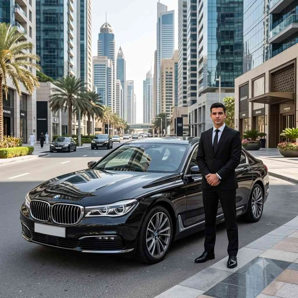 Luxury black BMW 7 Series with a professional chauffeur parked on a modern Dubai boulevard, offering premium executive car with driver service for business, hotel, airport, and city transfers.