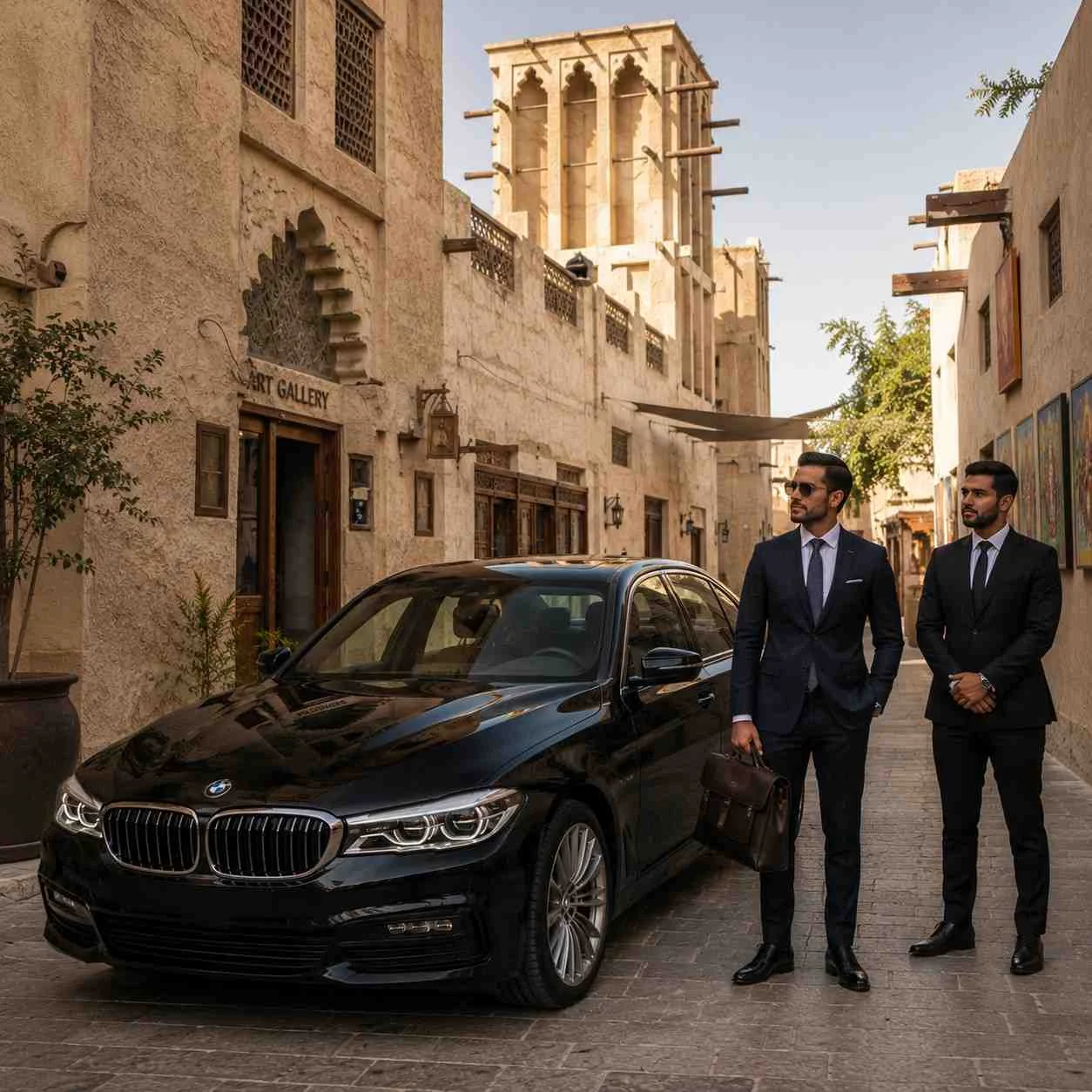 Executive car with driver at Al Fahidi Historical District Dubai featuring a black BMW 5 Series, professional chauffeur, and businessman with a leather briefcase.