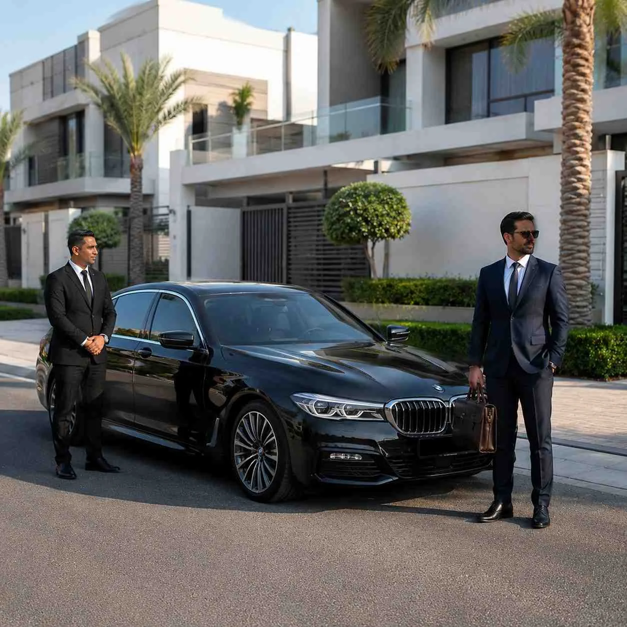 Business executive with a leather briefcase and professional chauffeur beside a black BMW 5 Series outside a luxury villa in Dubai Hills Estate.