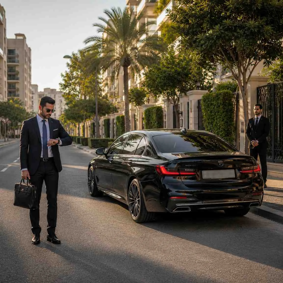 Executive car with driver in Jumeirah Village Circle Dubai featuring a black BMW 5 Series, businessman and professional chauffeur