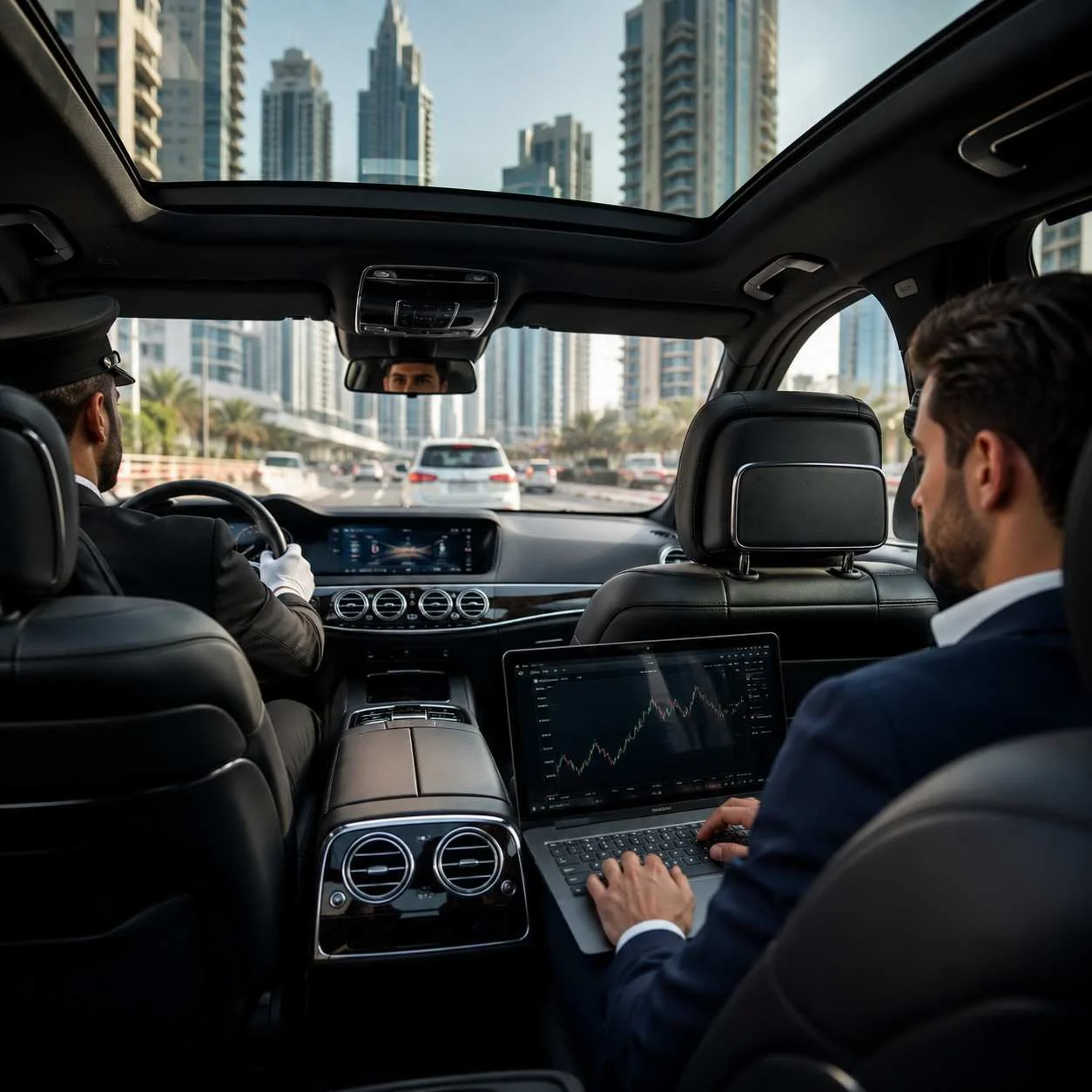 Business executive working on a laptop in the rear seat of a luxury Mercedes-Benz S-Class while a professional chauffeur drives through Dubai's modern skyline.