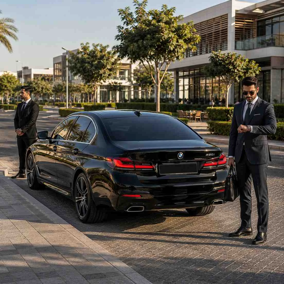 Executive car with driver in Motor City Dubai featuring a black BMW 5 Series, businessman and professional chauffeur