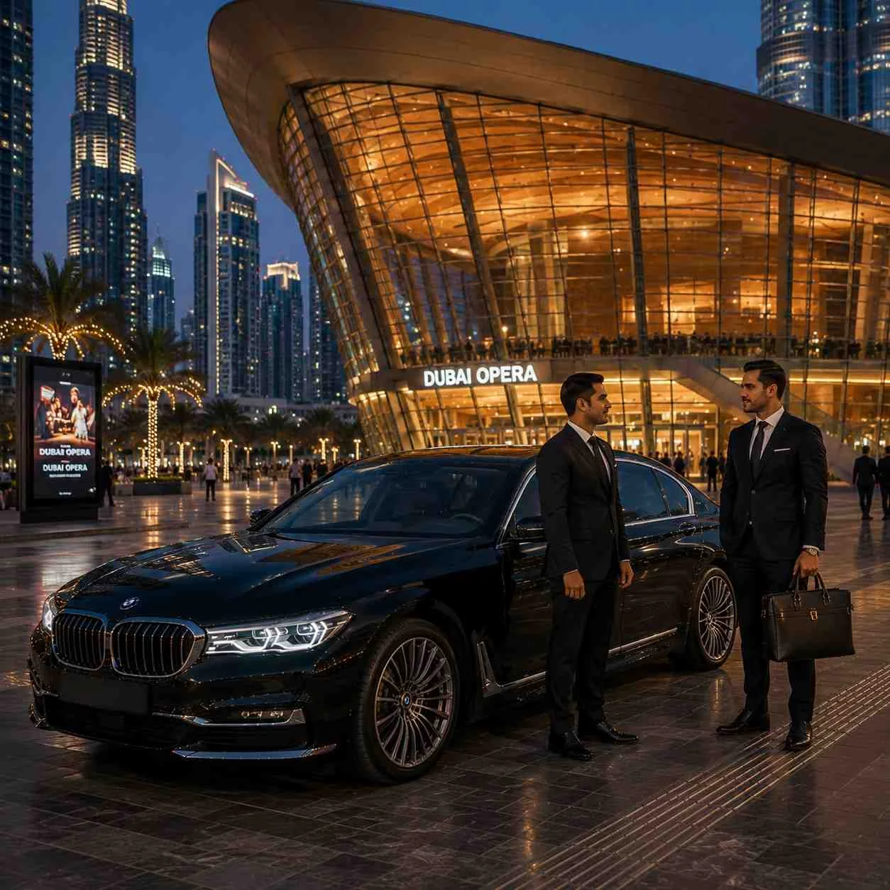 Executive chauffeur service at Dubai Opera featuring a black BMW 7 Series, businessman holding a leather briefcase, and a professional chauffeur.