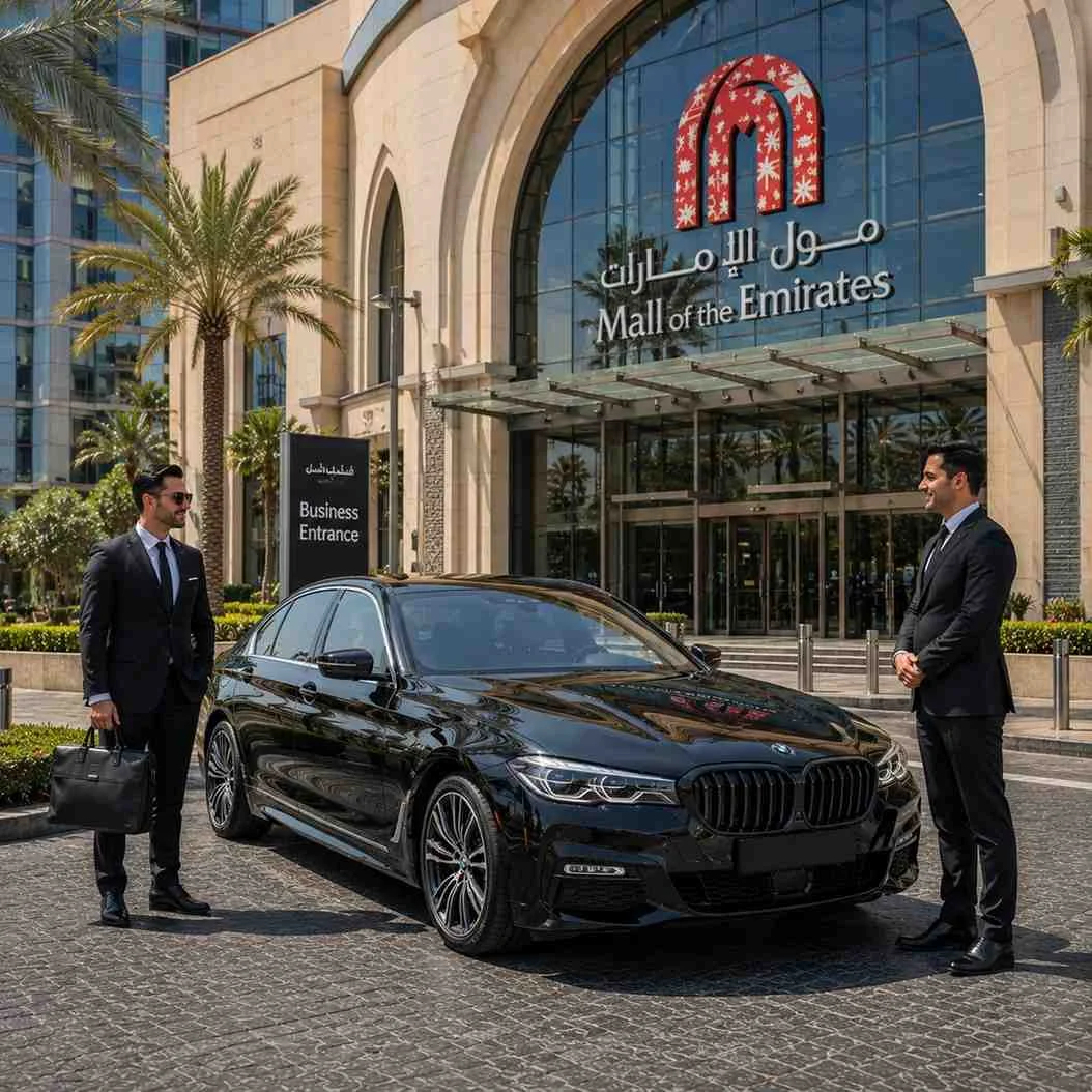 Black BMW 5 Series with a professional chauffeur and businessman holding a leather briefcase outside the business entrance of Mall of the Emirates Dubai.