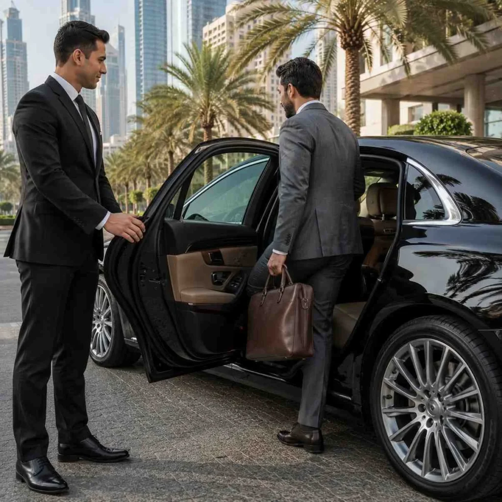 Professional chauffeur in a black suit opening the rear door of a luxury black executive sedan for a business traveler carrying a leather briefcase on a palm-lined Dubai street.