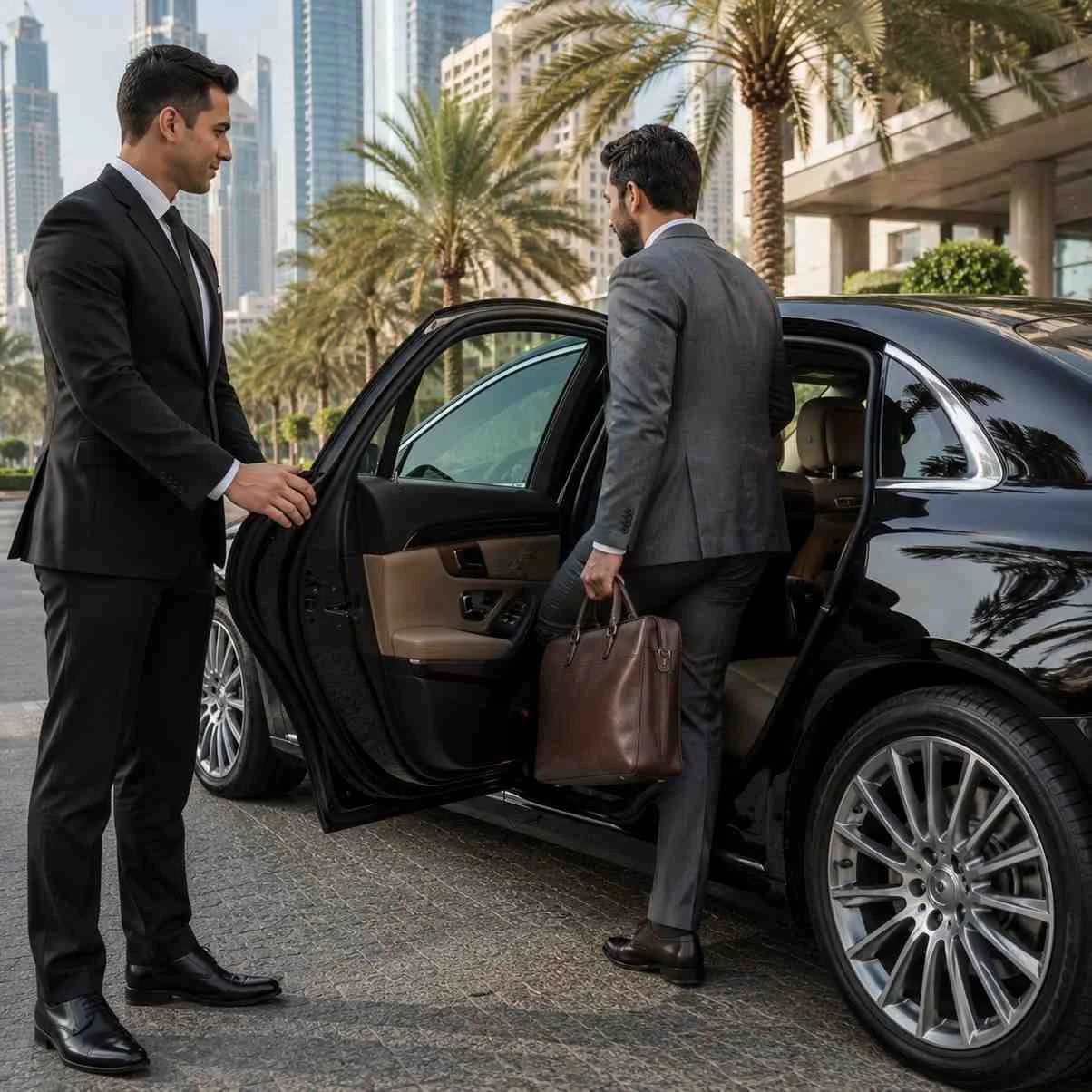 Professional chauffeur in a black suit opening the rear door of a luxury black executive sedan for a business traveler carrying a leather briefcase on a palm-lined Dubai street.