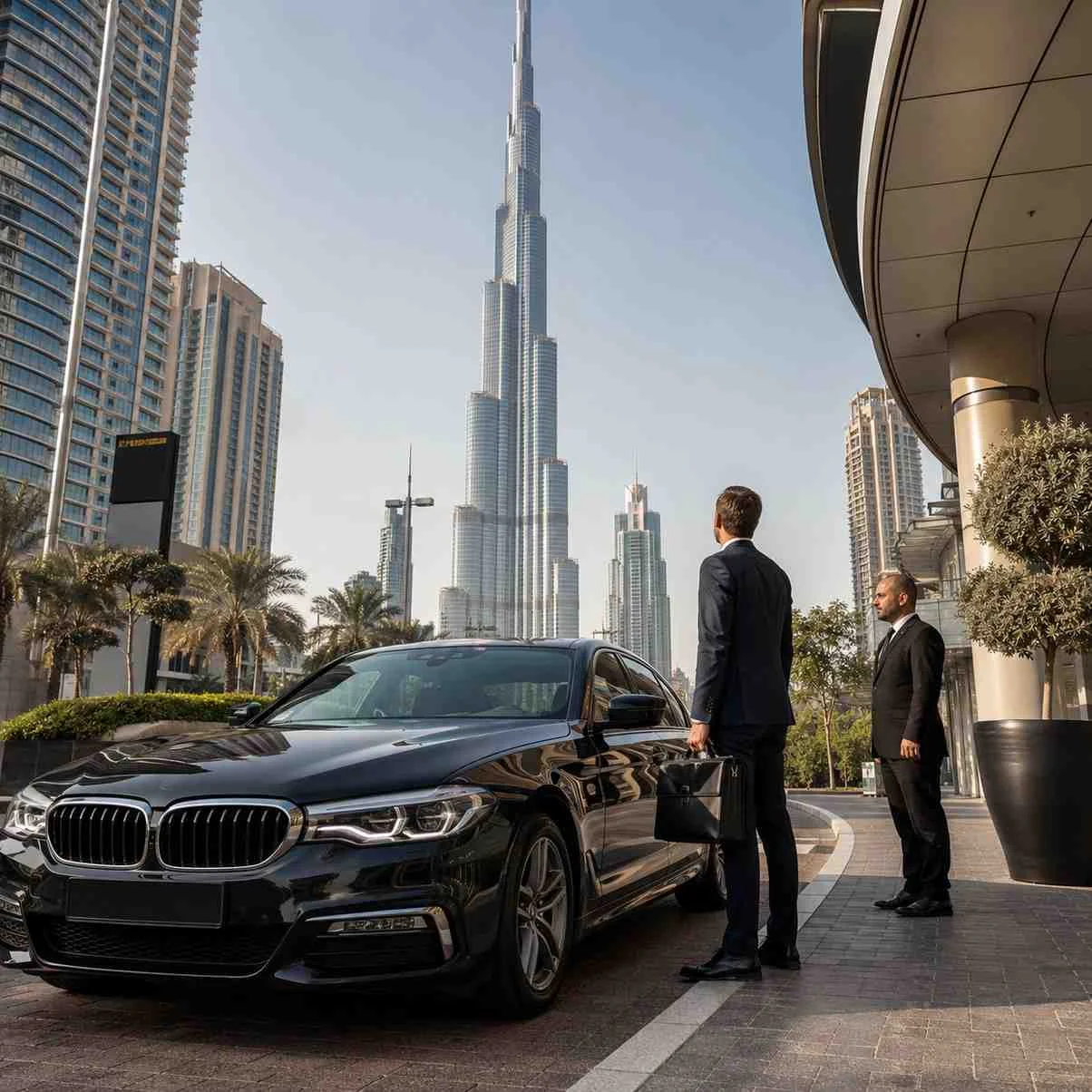 Executive chauffeur service at Burj Khalifa Dubai with a black BMW 5 Series, professional chauffeur, and business executive in Downtown Dubai.