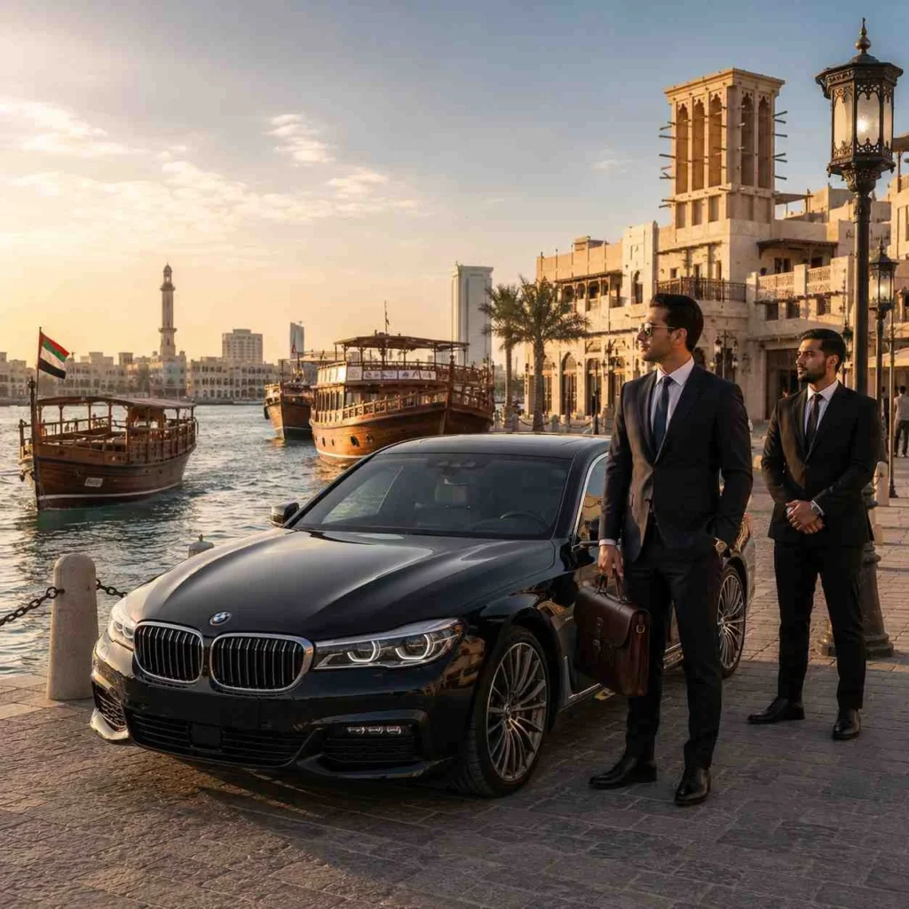 Executive chauffeur service at Dubai Creek Dubai featuring a black BMW 5 Series, professional chauffeur, and businessman with a leather briefcase beside the historic waterfront.