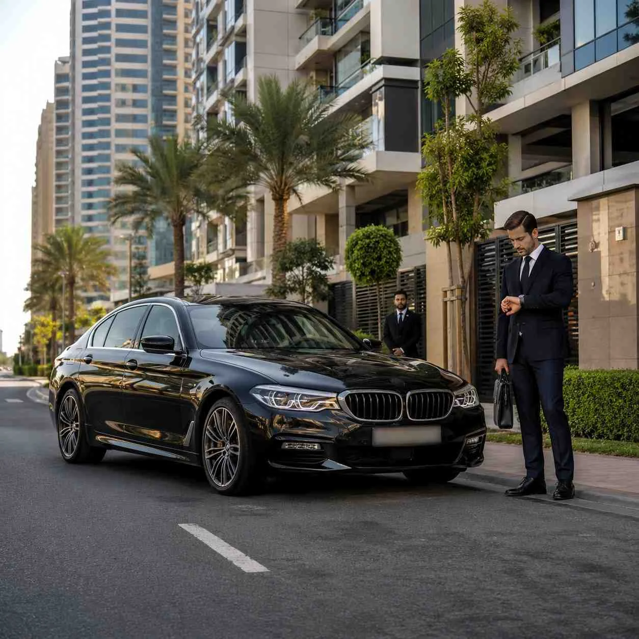 Executive chauffeur service in Al Nahda Dubai with a black BMW 5 Series and businessman holding a leather briefcase