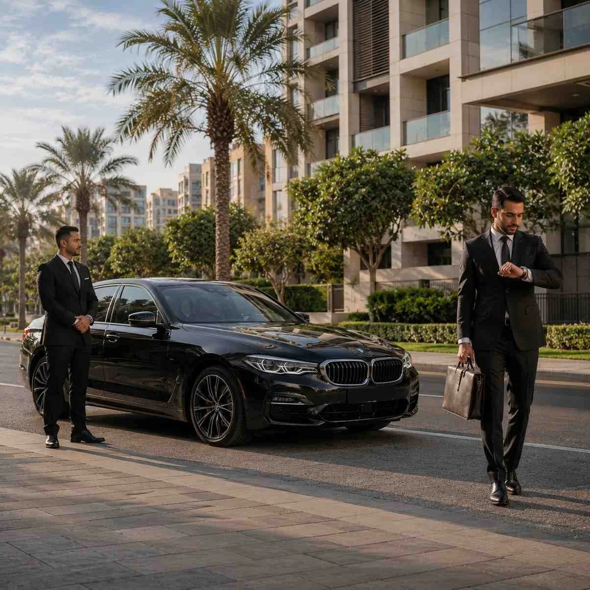 Black BMW 5 Series with a professional chauffeur and executive outside a modern residential tower in Al Nahda Dubai.