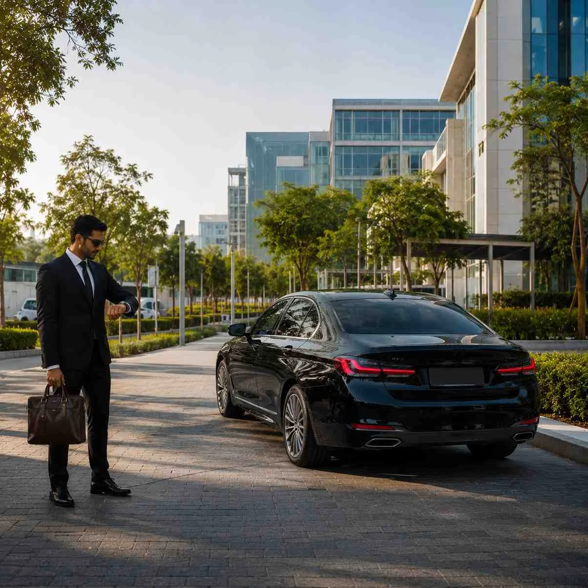 Executive chauffeur standing beside a luxury black BMW 5 Series parked on a premium business boulevard in Dubai Investment Park (DIP), while a business executive checks a smartwatch outside modern corporate offices.