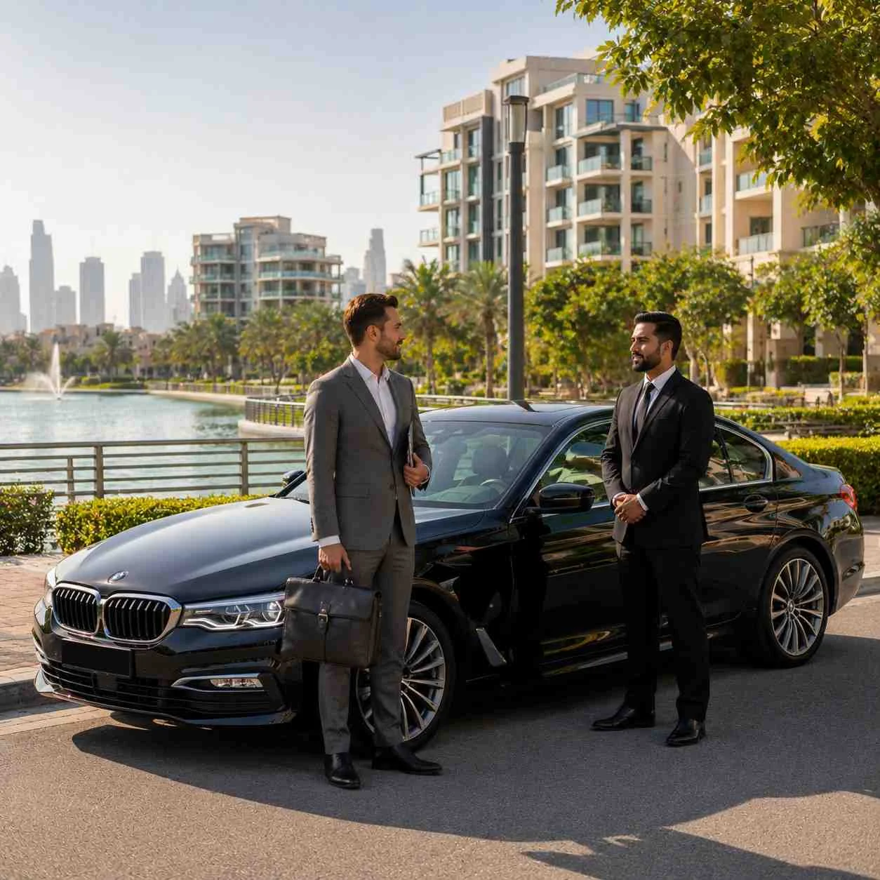 Professional chauffeur standing beside a black BMW 5 Series with a business executive holding a leather briefcase near a lakeside boulevard in The Greens Dubai.