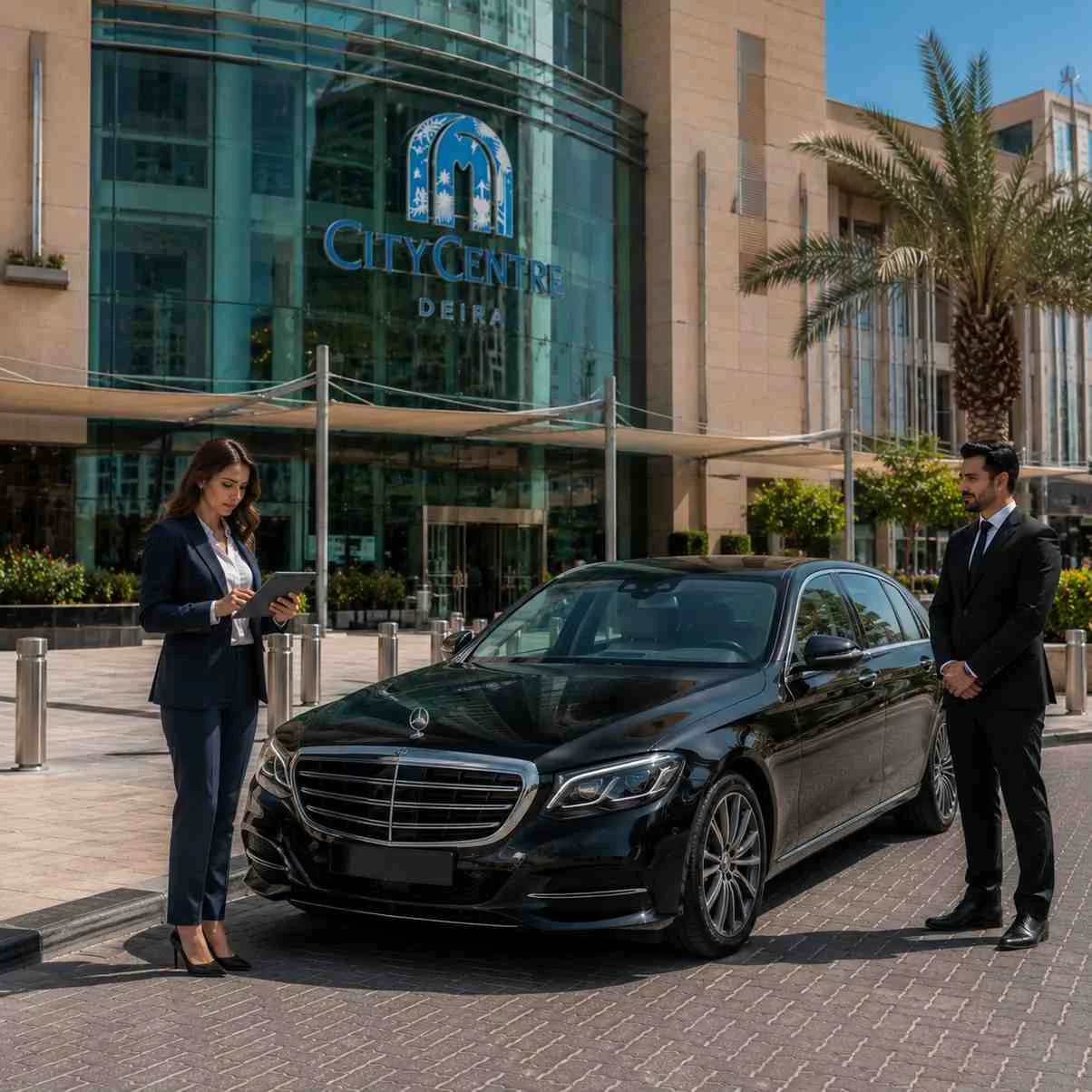 Professional chauffeur standing beside a luxury black Mercedes-Benz S-Class as a businesswoman reviews documents outside City Centre Deira, Dubai.