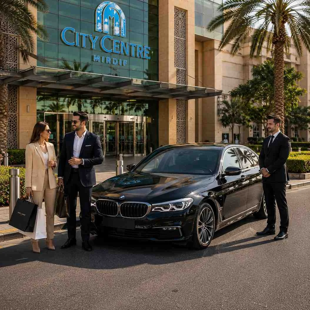 Businessman and businesswoman with shopping bags and a leather briefcase beside a luxury black BMW 5 Series and professional chauffeur outside City Centre Mirdif, Dubai.