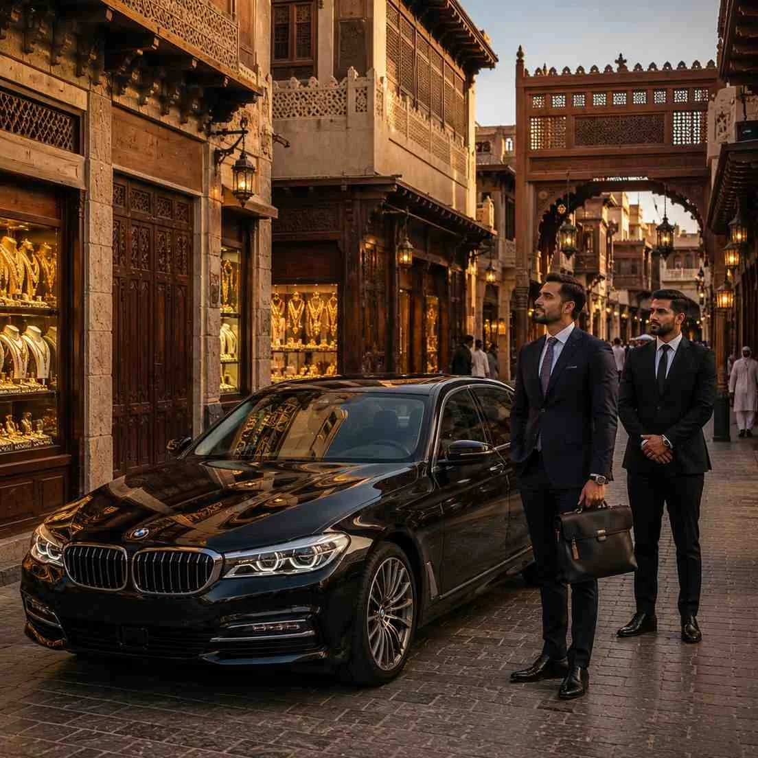Executive chauffeur service to Dubai Gold Souk in Deira Dubai with a black BMW 5 Series, professional chauffeur, and businessman carrying a leather briefcase.