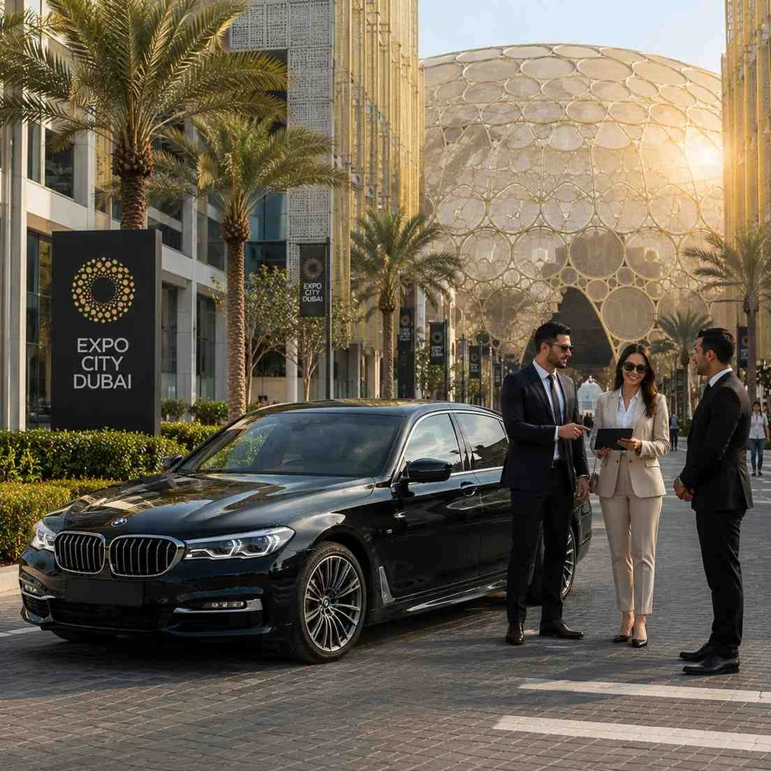 Executive chauffeur service at Expo City Dubai with a black BMW 5 Series, business executives standing beside the luxury sedan, and the iconic Al Wasl Plaza in the background.