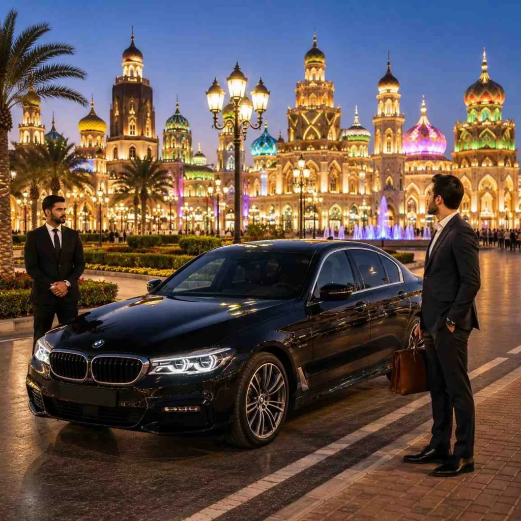 Executive chauffeur service to Global Village Dubai featuring a black BMW 5 Series, professional chauffeur, and businessman with a leather briefcase.