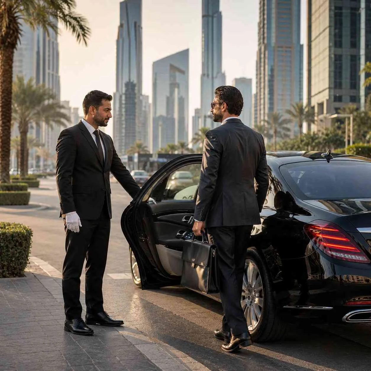 Professional chauffeur opening the rear door of a luxury black Mercedes-Benz S-Class for a business executive carrying a leather briefcase in Dubai's modern financial district.