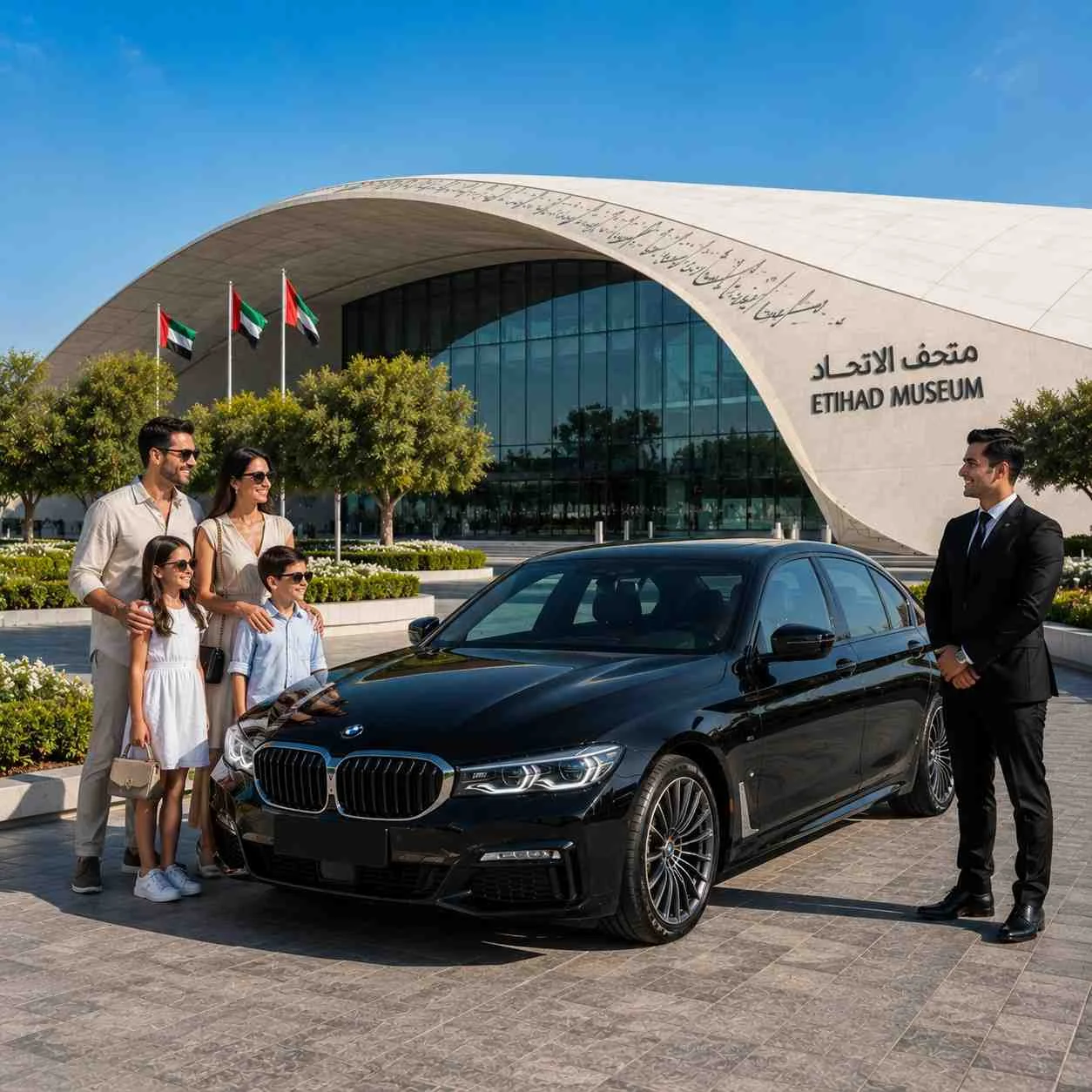 Family chauffeur service at Etihad Museum Dubai with a luxury black BMW 5 Series parked outside the museum as a professional chauffeur welcomes a smiling family beside the executive sedan.