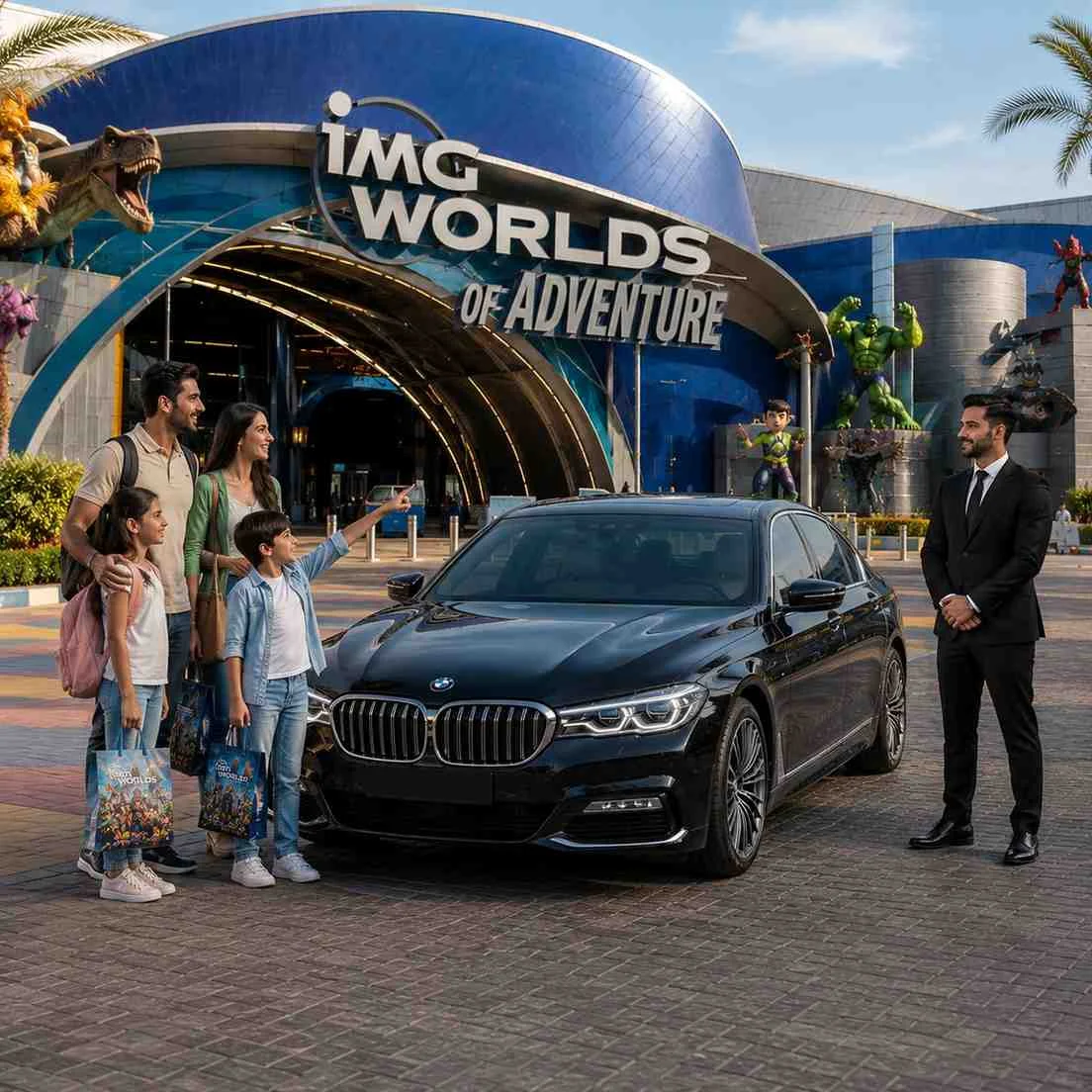 Family chauffeur service at IMG Worlds of Adventure Dubai with a black BMW 5 Series, professional chauffeur, and a smiling family with children outside the main entrance.