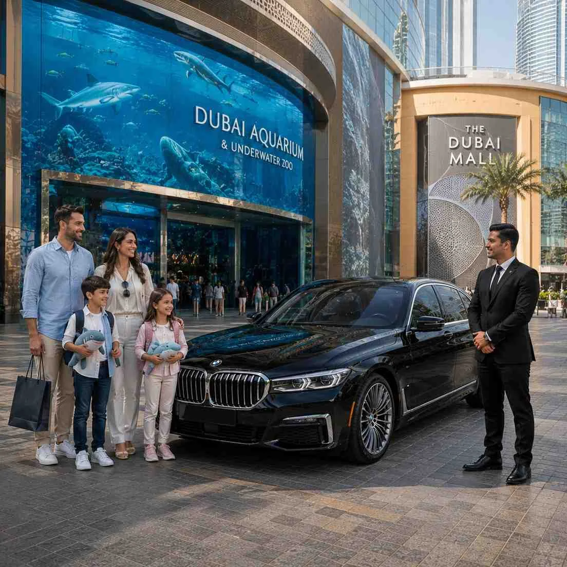 Family chauffeur service at Dubai Aquarium & Underwater Zoo with a luxury black BMW 7 Series parked outside Dubai Mall as a professional chauffeur welcomes a smiling family with children carrying backpacks and marine-themed souvenirs.