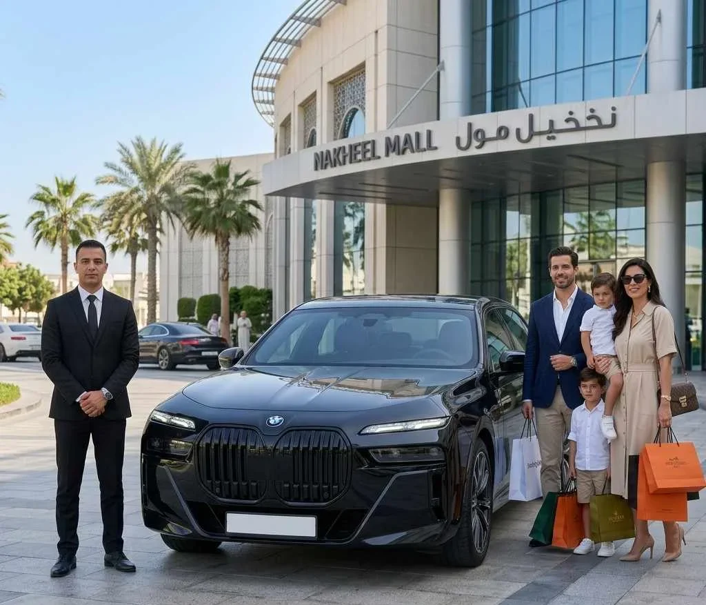 Luxury black BMW 7 Series with a professional chauffeur outside Nakheel Mall, Palm Jumeirah, Dubai, assisting a family with shopping bags during a premium car with driver service.