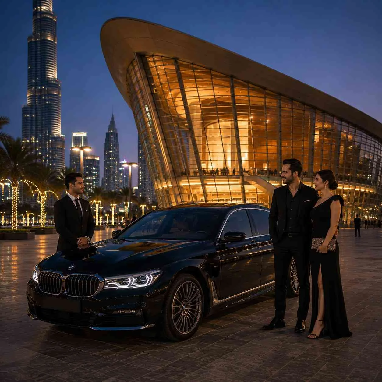 Luxury BMW 5 Series chauffeur service outside Dubai Opera with an elegant couple and professional chauffeur before an evening performance.