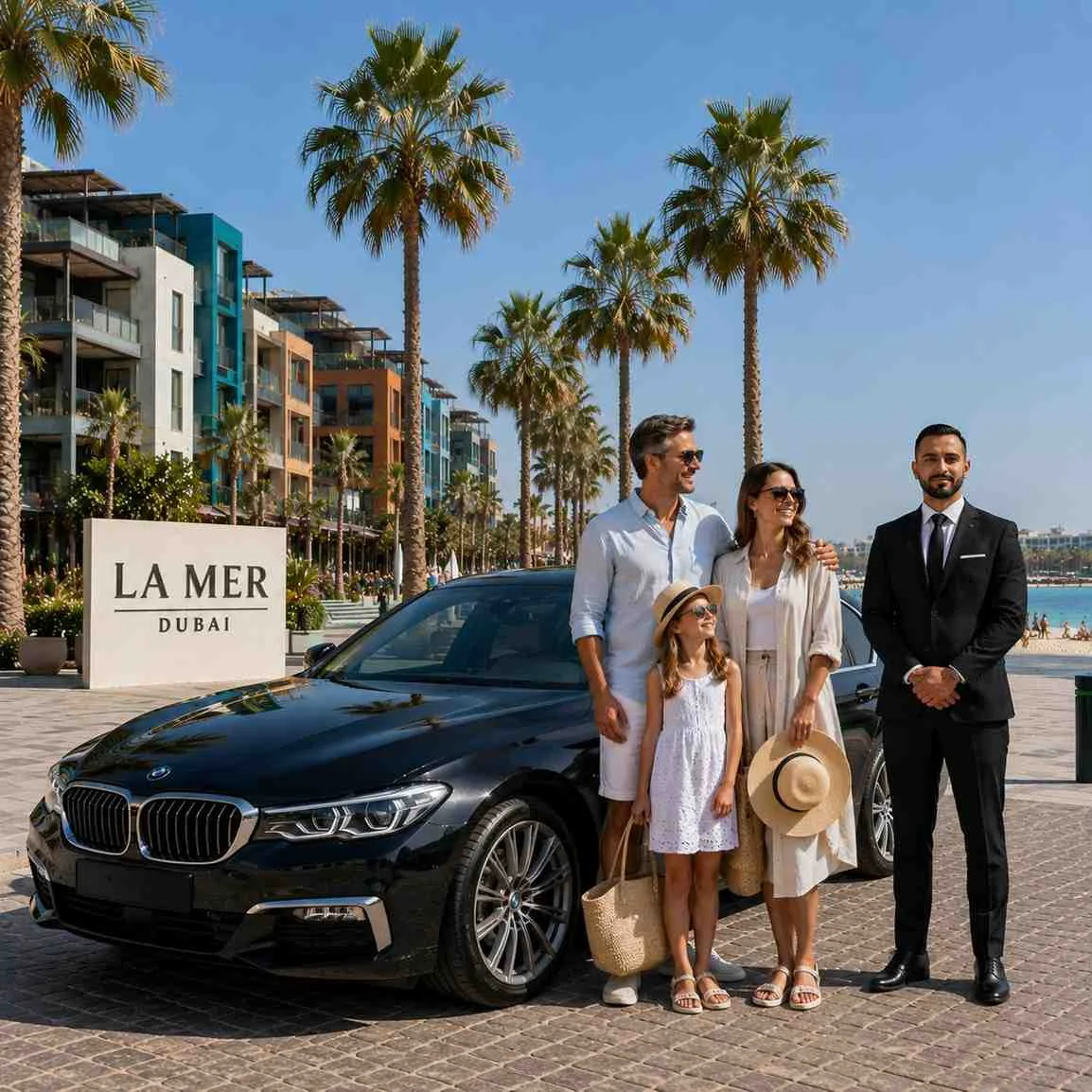Professional chauffeur standing upright beside a luxury black BMW 5 Series with a happy family at La Mer Dubai, featuring palm-lined walkways, beachfront views, and modern waterfront architecture.