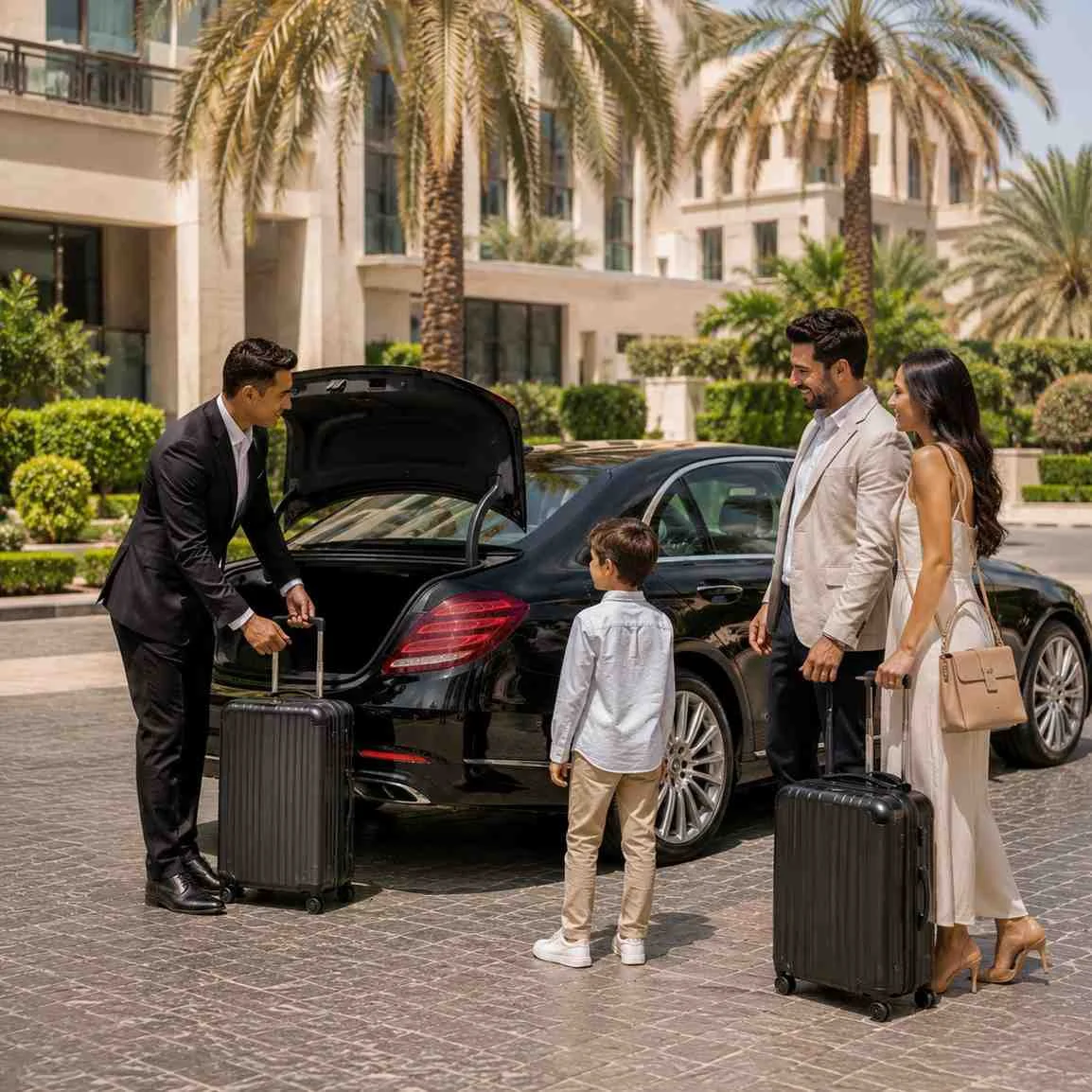 Professional chauffeur loading luggage into the trunk of a luxury black executive sedan while a smiling family with one child prepares for departure in a luxury Dubai residential community.